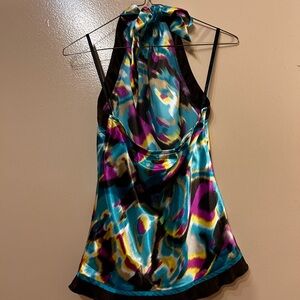 A. Byer Teal Purple Yellow Abstract Halter Top